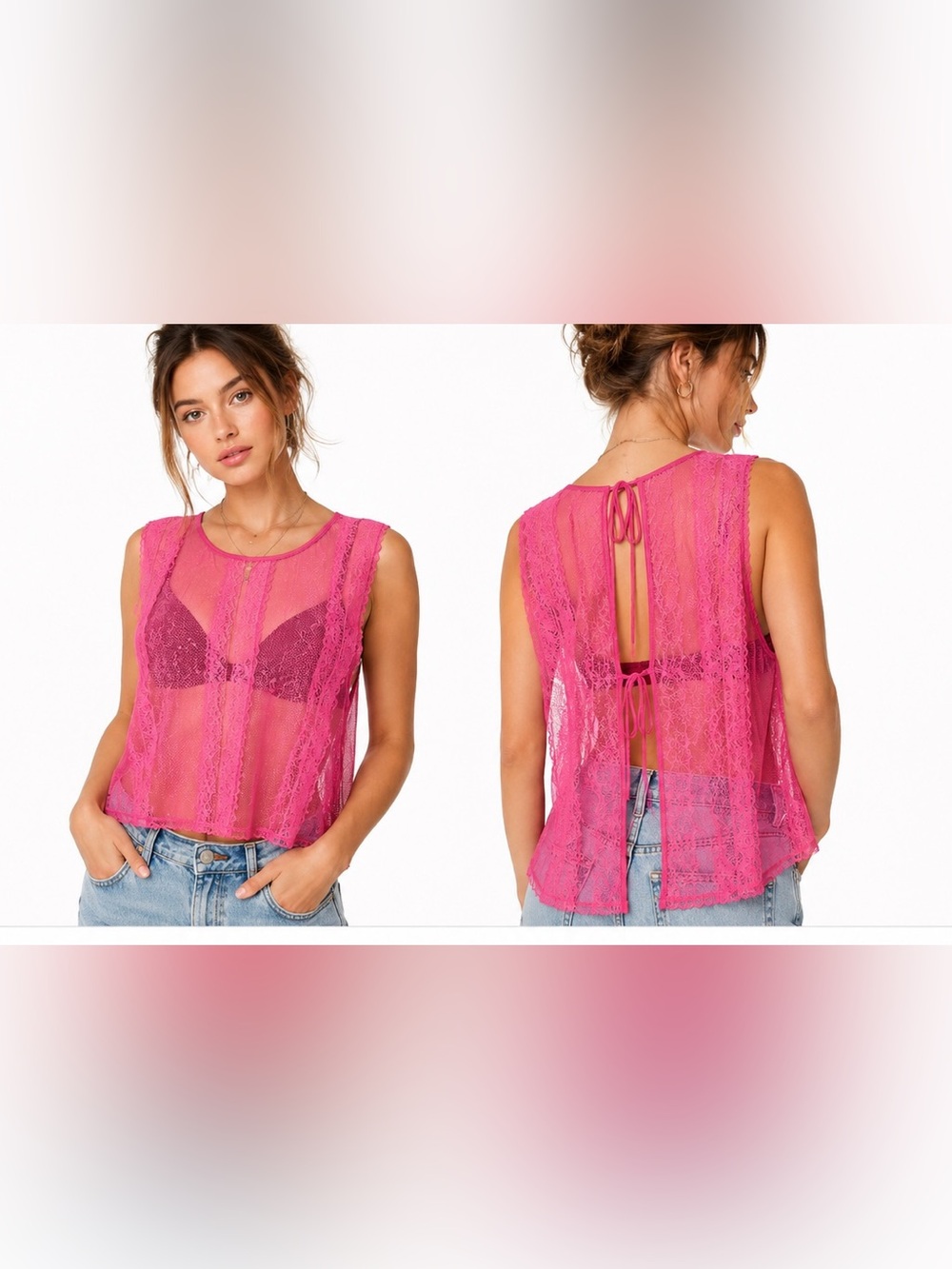 Victoria’s Secret Pink Sheer Lace Cami Top S Sleeveless Tie Back Y2K coquette